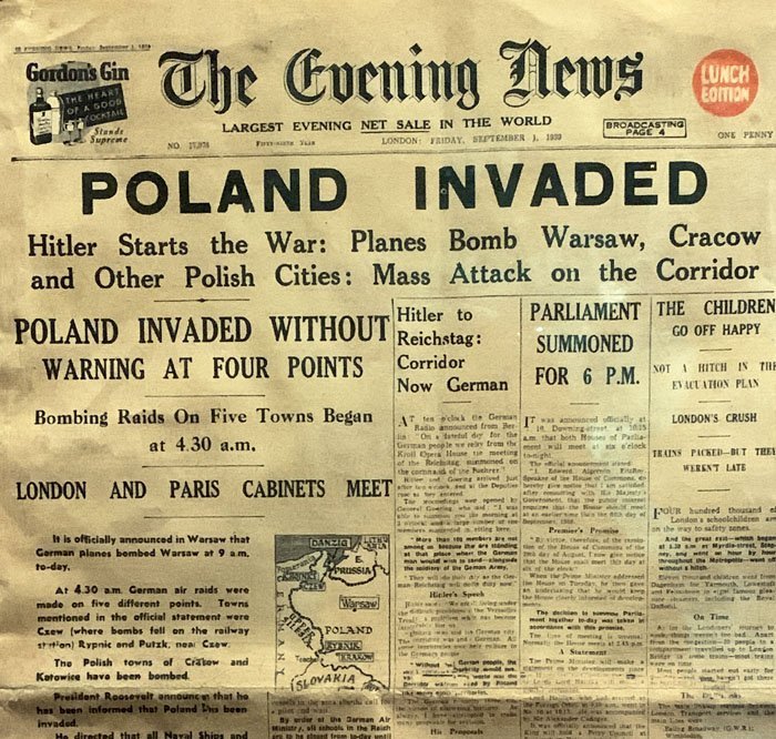 Portada de un periódico el día de la invasión de Polonia