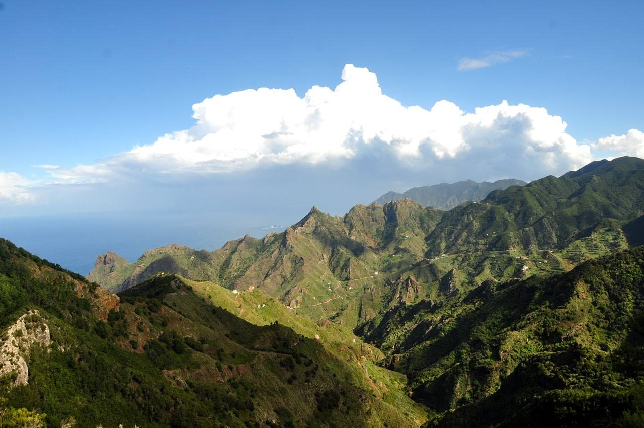 Montañas verdes del Parque Rural de Anaga bajo el sol en Tenerife