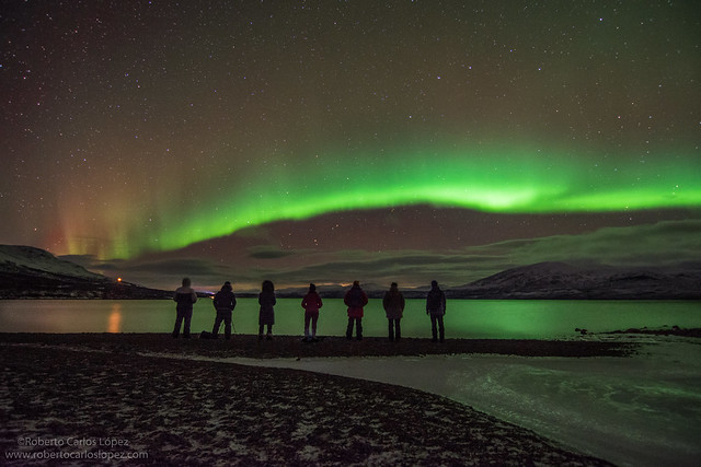 Grupo de viajes de autor con Sele viendo auroras boreales en Laponia Sueca