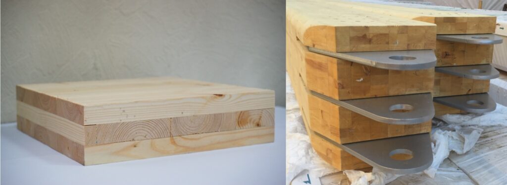 Izquierda: Ejemplo de madera Cross Laminated Timbed | Derecha: Ejemplo de madera Glue Laminated Timber