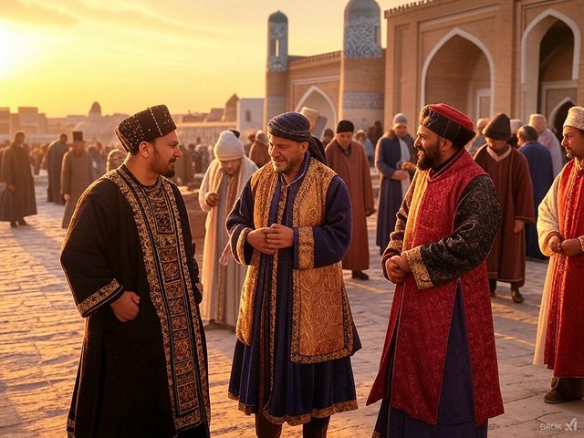 Hombres en una ciudad de Asia Central (Ruta de la seda)