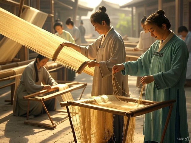 Mujeres con telares de seda en China