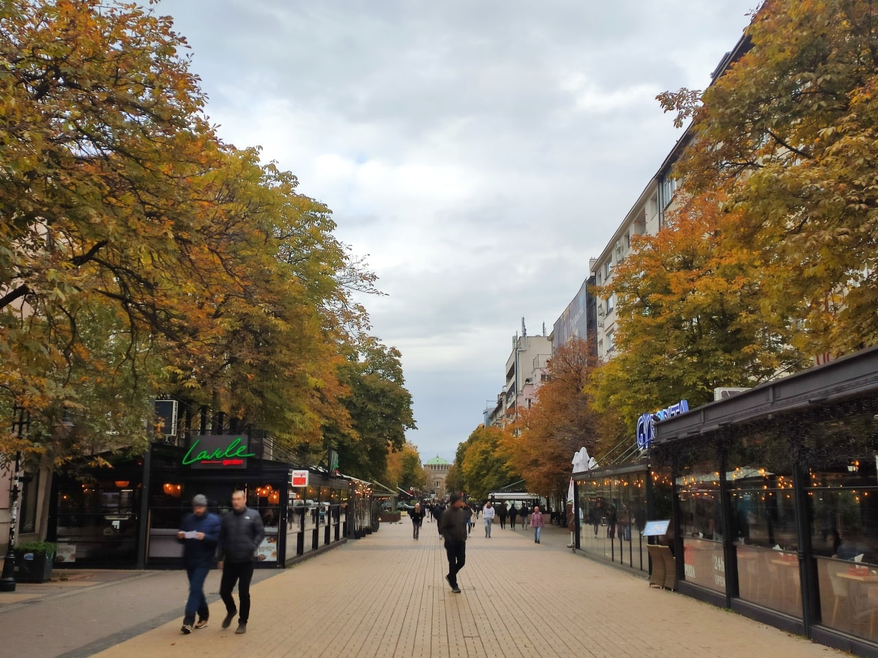 gente pasenado por bulevar en otoño