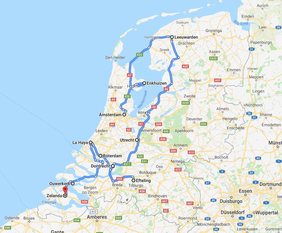 Mapa de la ruta en coche por Holanda