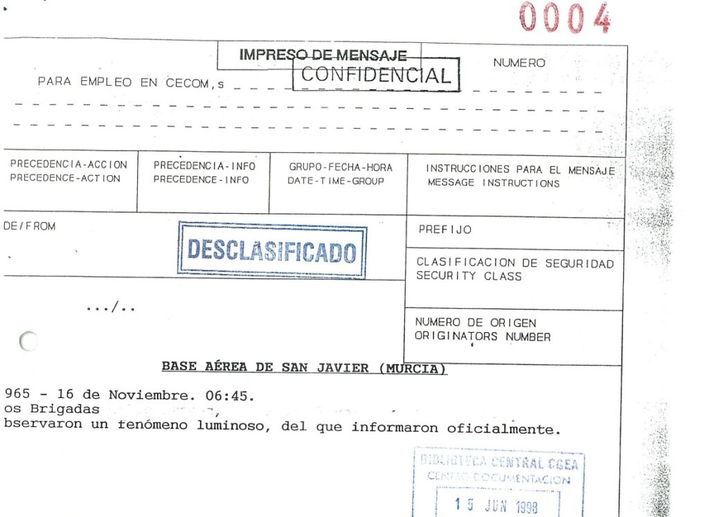 Fragmento de Expedientes OVNI desclasificado por el Ministerio de Defensa