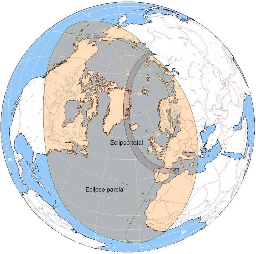 Recorrido que hará el eclipse de sol de 2026 en la Tierra. Fuente: https://eclipses.ign.es/