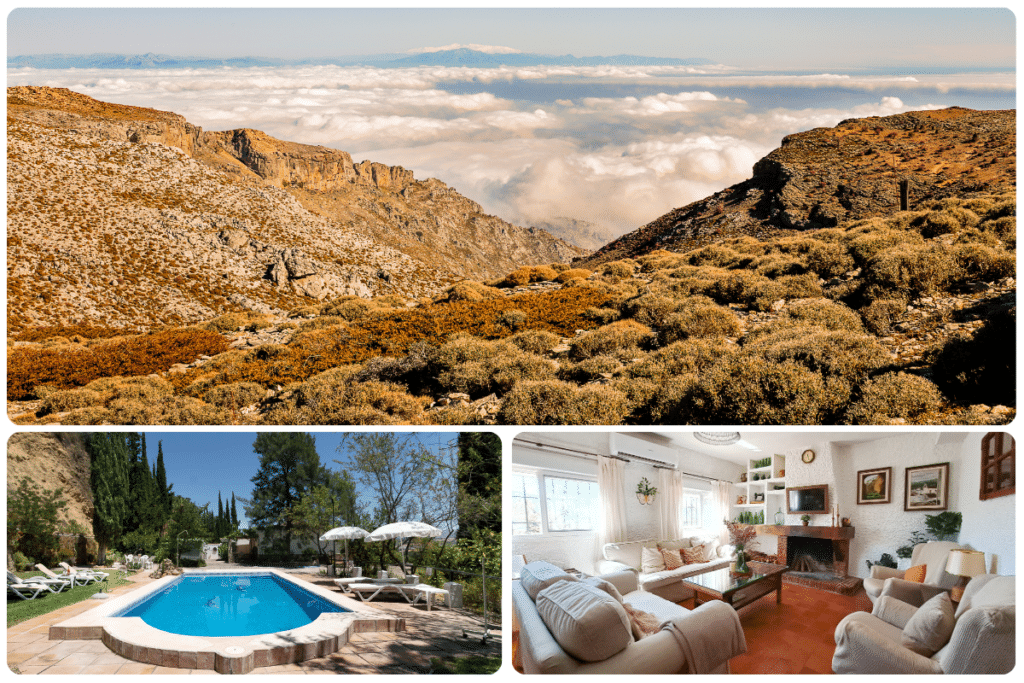 Un collage muestra un pintoresco paisaje de montaña sobre las nubes, una tranquila piscina exterior con tumbonas y sombrillas, y un acogedor salón con sofás, chimenea y una brillante luz natural.