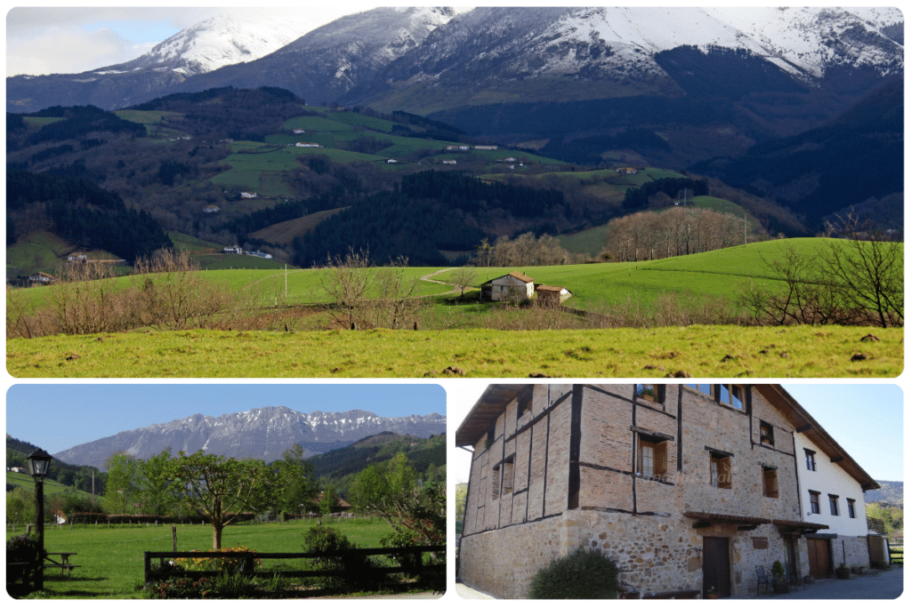 Paisaje de montaña con colinas verdes y casas dispersas (arriba), un jardín con flores y el telón de fondo de la montaña (abajo a la izquierda), y un edificio rústico de piedra y ladrillo con contraventanas de madera (abajo a la derecha).