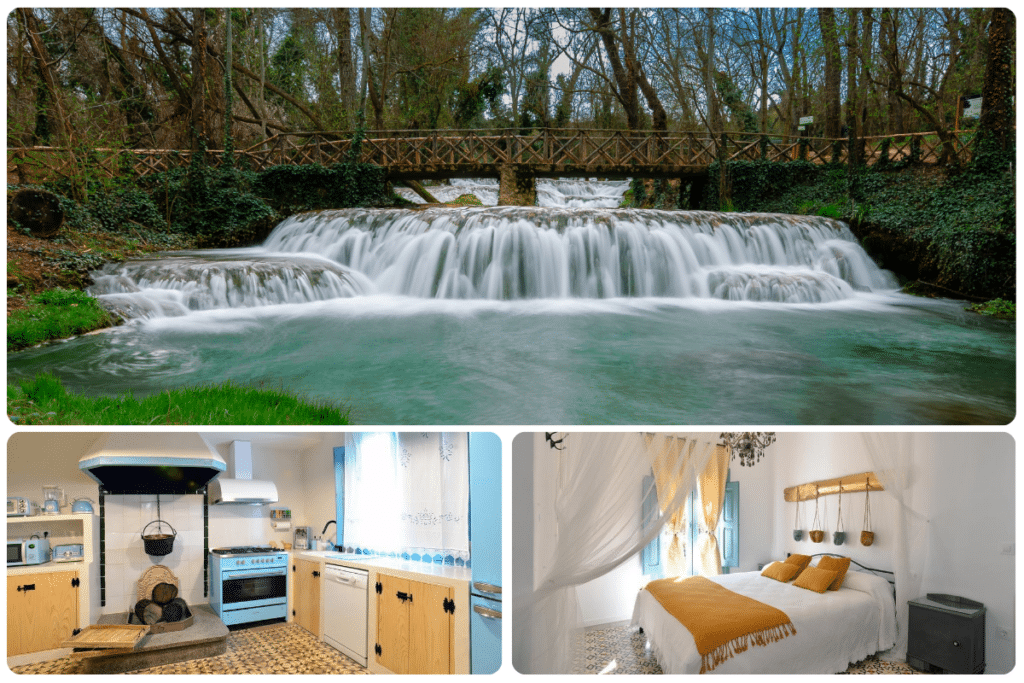 Un collage con un puente de madera sobre una pequeña cascada en un frondoso bosque, una acogedora cocina con decoración rústica y toques azules, y un luminoso dormitorio con una cama con dosel y almohadas amarillas.