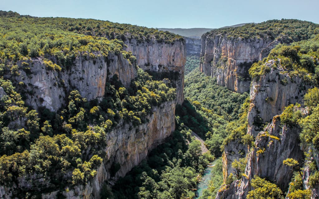 Un profundo y frondoso cañón verde con escarpados acantilados rocosos a ambos lados. Un denso bosque cubre la cima y el fondo del cañón, con un estrecho río que atraviesa el valle bajo un cielo azul despejado.