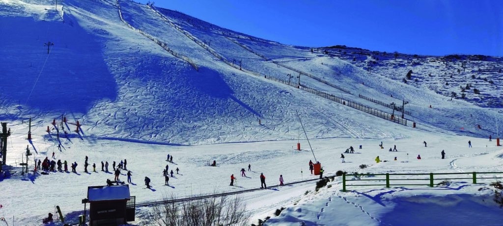 Personas esquían y practican snowboard en una ladera nevada bajo un cielo azul despejado, con grupos de esquiadores al fondo y remontes a la derecha. La escena es luminosa y animada.