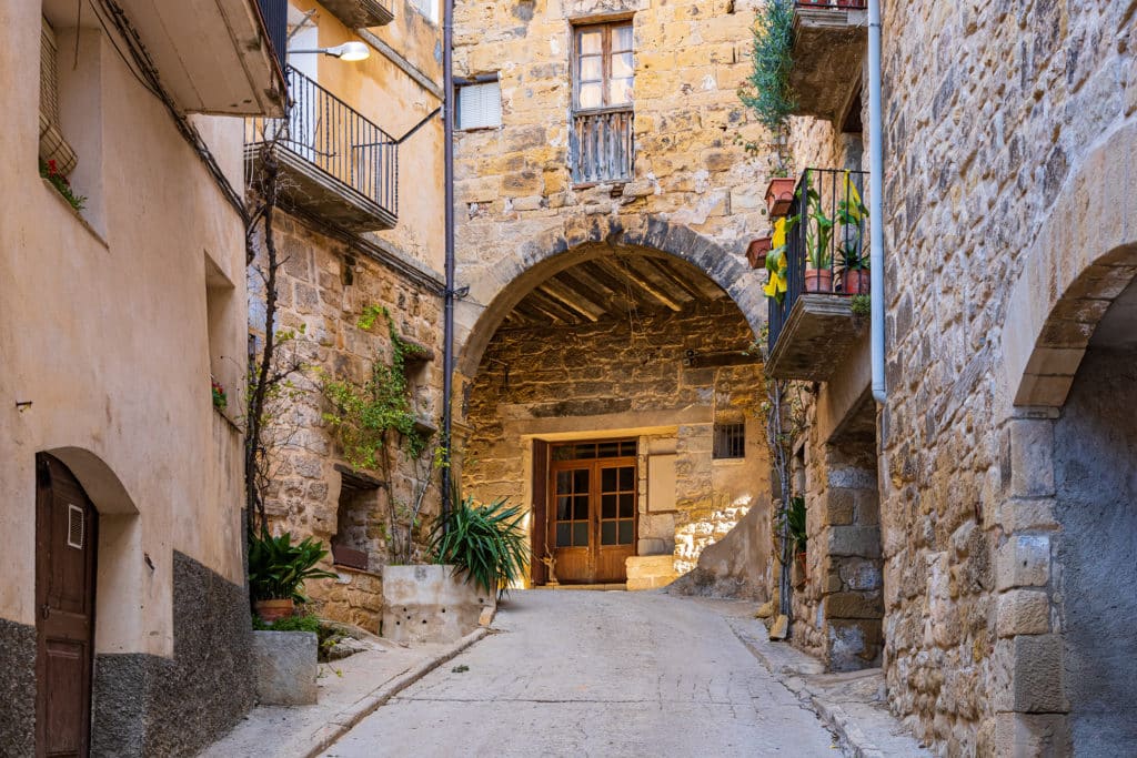 Estrecha calle de piedra en pendiente ascendente a través de un antiguo pueblo, pasando bajo un rústico portal arqueado con puertas de madera. Perfecto para el turismo rural, edificios de piedra y yeso con balcones y plantas en macetas bordean el pintoresco camino.