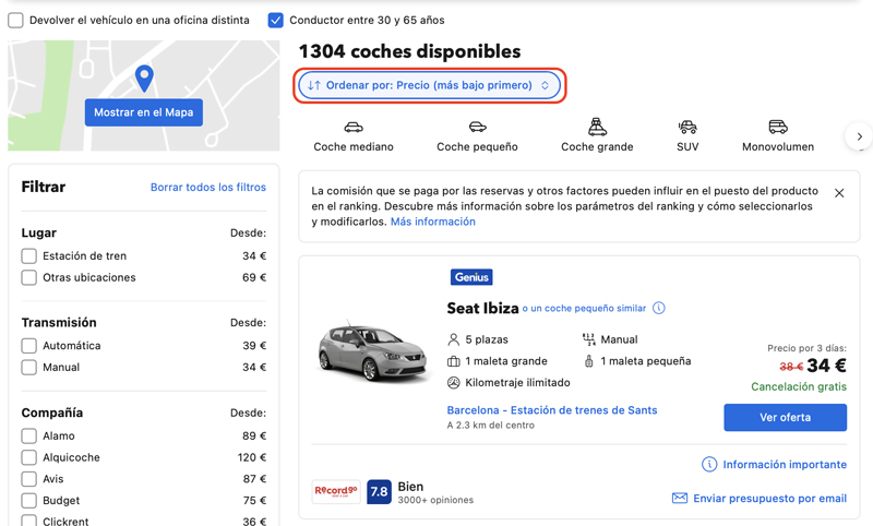 Ordenar por precio Rentalcars 
