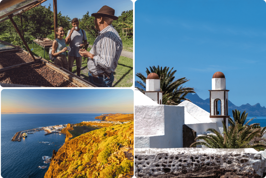 Un collage que muestra tres escenas: gente hablando en una granja de cacao, una vista costera con acantilados y un pueblo al atardecer, y edificios mediterráneos blancos con cúpulas rojas y palmeras junto al mar.