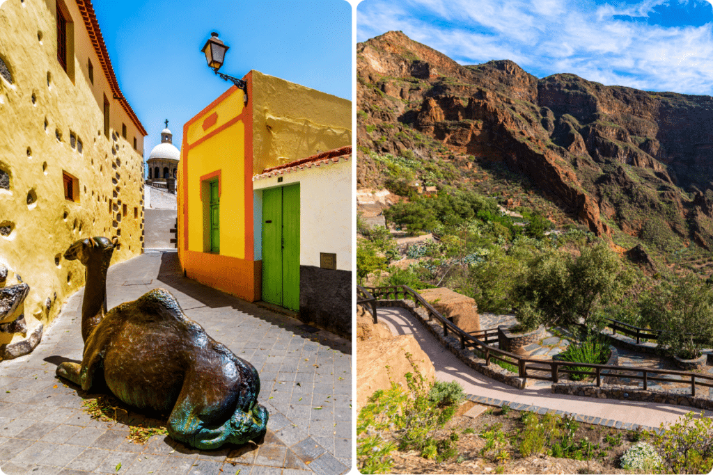Imagen dividida: El lado izquierdo muestra una calle estrecha con coloridos edificios amarillos y una estatua de bronce de un camello en primer plano. El lado derecho muestra un camino serpenteante a través de un paisaje montañoso verde y escarpado bajo un cielo azul.
