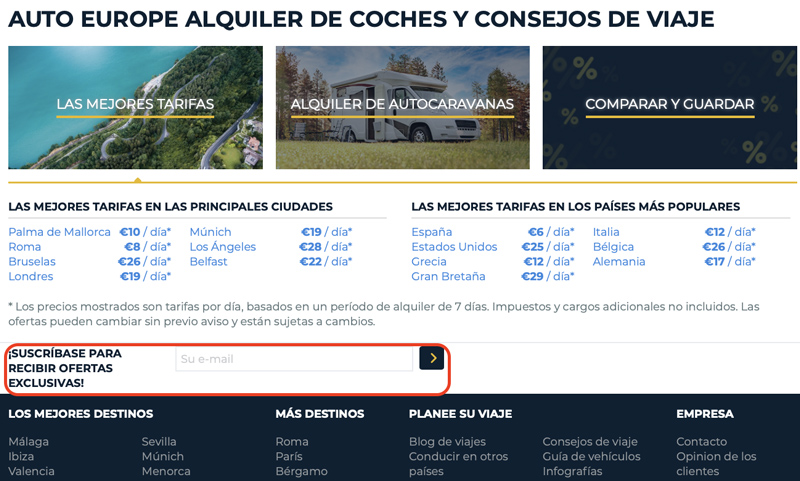 Otra forma de apuntarse a la newsletter de Auto Europe