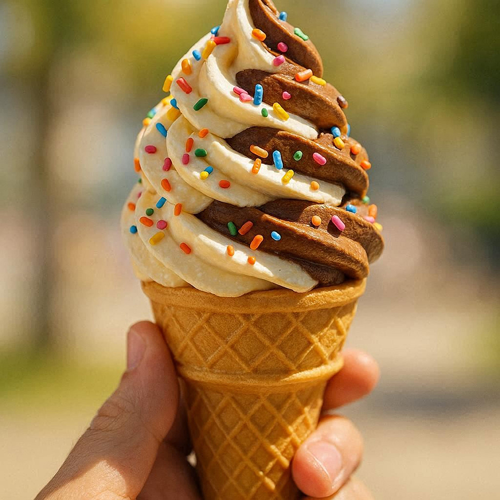 Ice cream cone in female hand with colorful sprinkles on it.